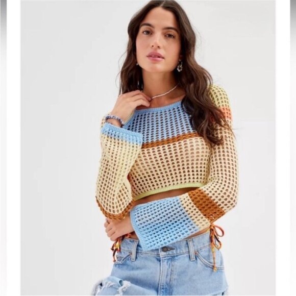 Urban Outfitters Sweaters - Urban Outfitters Chloe Cropped Open Knit Sweater New Small Cream Blue Green 70s